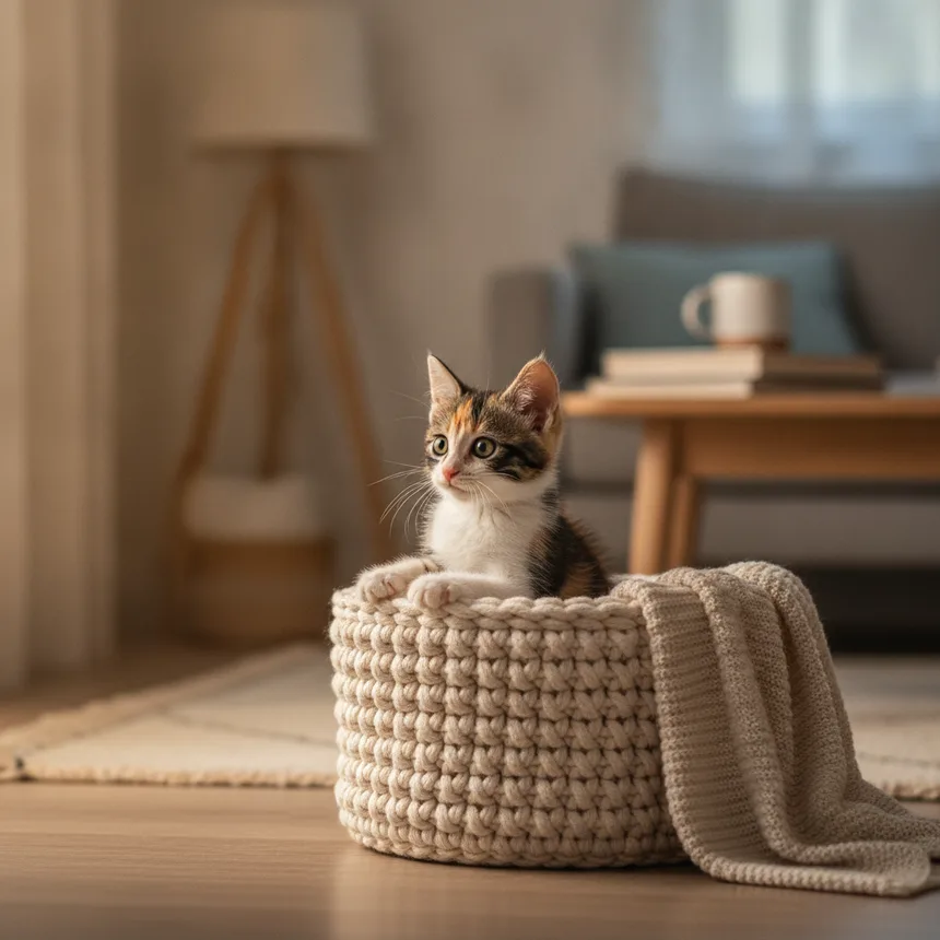 Chaton endormi paisiblement dans un panier douillet